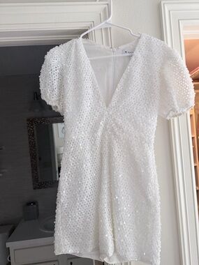 White Sequin Mini Romper Dress with Puff Sleeves